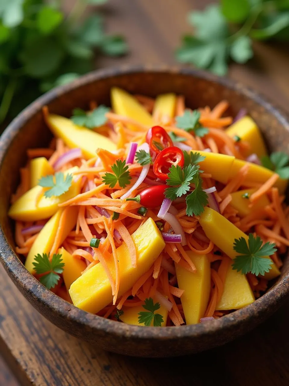 A vibrant Thai mango salad with ripe mango slices, shredded carrots, red bell peppers, red onion, cilantro, and chili peppers, dressed in lime and fish sauce, served in a rustic bowl.