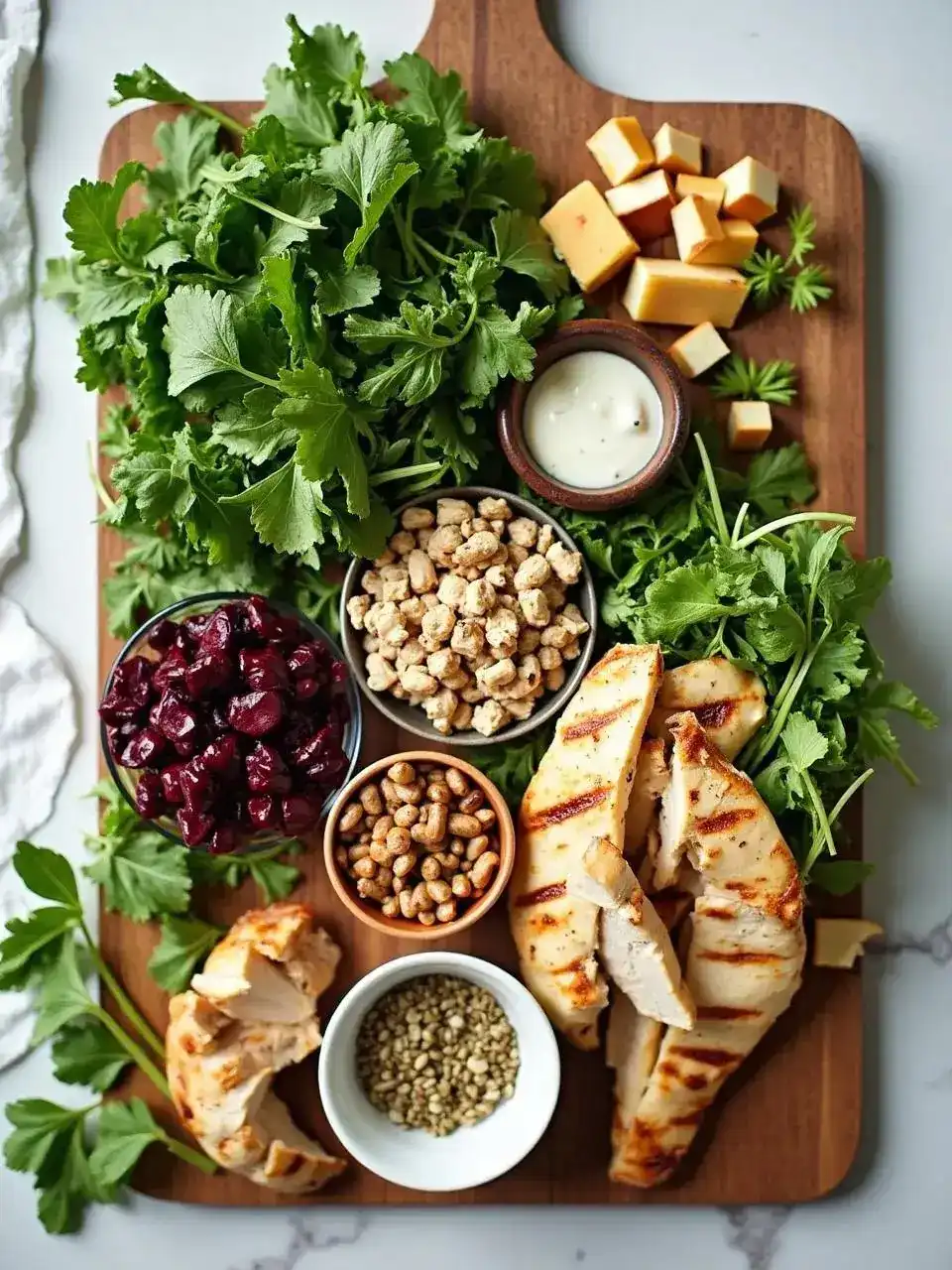 A colorful array of salad ingredients including leafy greens, grilled chicken, tofu, beans, nuts, and seeds arranged on a wooden board, ready for salad preparation.