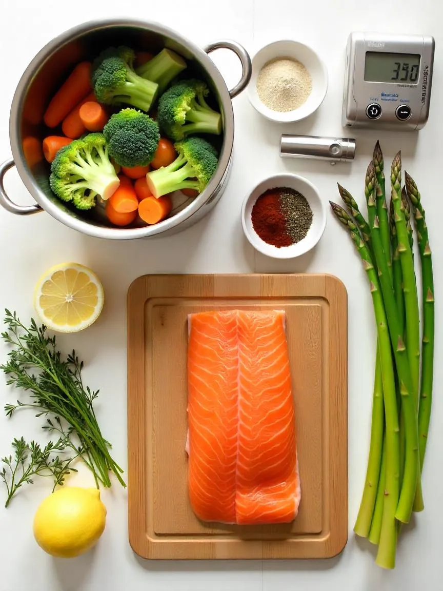Steam cooking tools with fresh vegetables, salmon, herbs, and seasonings prepared on a kitchen counter. 