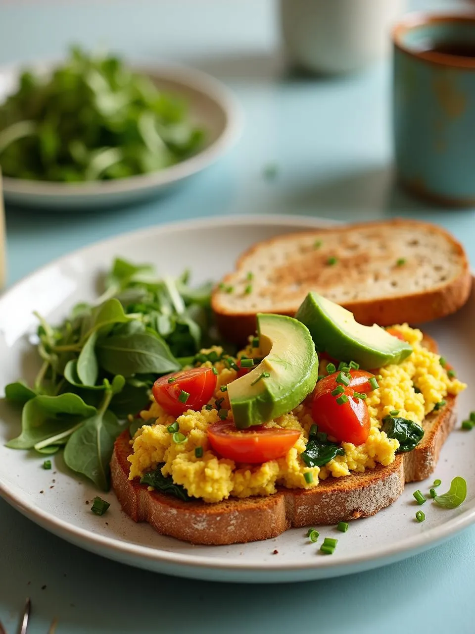 Golden tofu scramble with spinach, bell peppers, tomatoes, served on sourdough toast with avocado slices and fresh herbs.