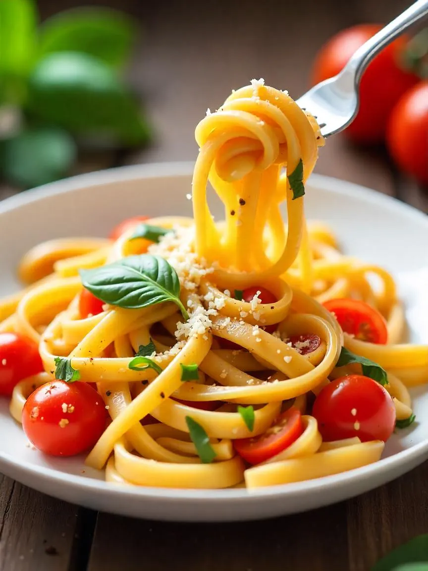 A bowl of tomato basil pasta with fresh diced tomatoes, basil leaves, Parmesan, and olive oil, served on a rustic table in natural summer light.