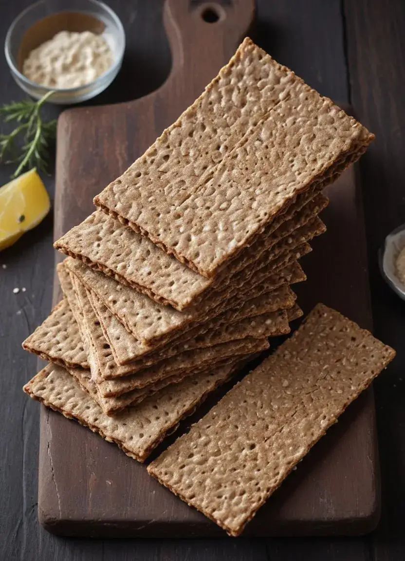 A plate of knäckebröd crispbread with fresh toppings, including cheese and smoked salmon, accompanied by wheat ears.