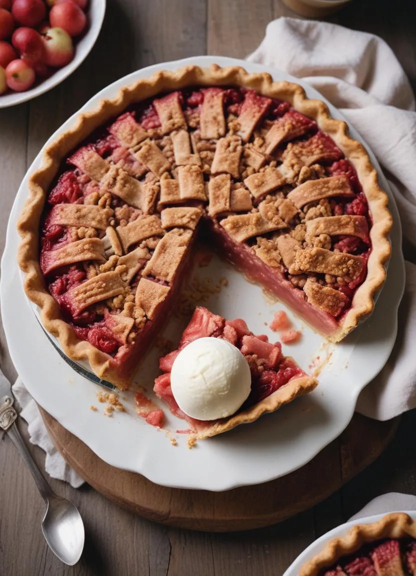 Close-up of a traditional rabarberpaj slice garnished with vanilla ice cream, showcasing its rich texture and vibrant rhubarb filling.