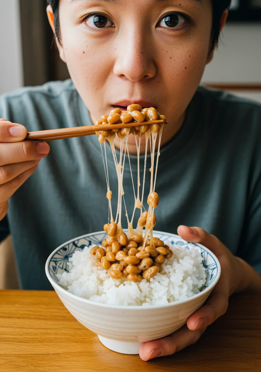 A healthy breakfast bowl featuring natto, sticky fermented soybeans with mustard and soy sauce, served with fresh green onion toppings.