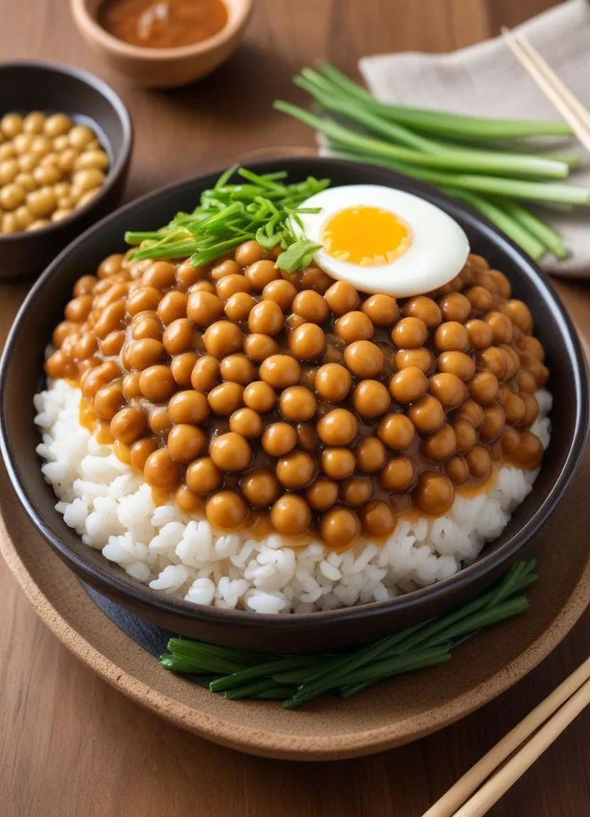 A close-up of various traditional Japanese fermented foods—likely including natto (sticky fermented soybeans), miso paste in a wooden container, pickled vegetables in colorful rice-bran bed, and a jar of soy sauce—all arranged together on a wooden surface.