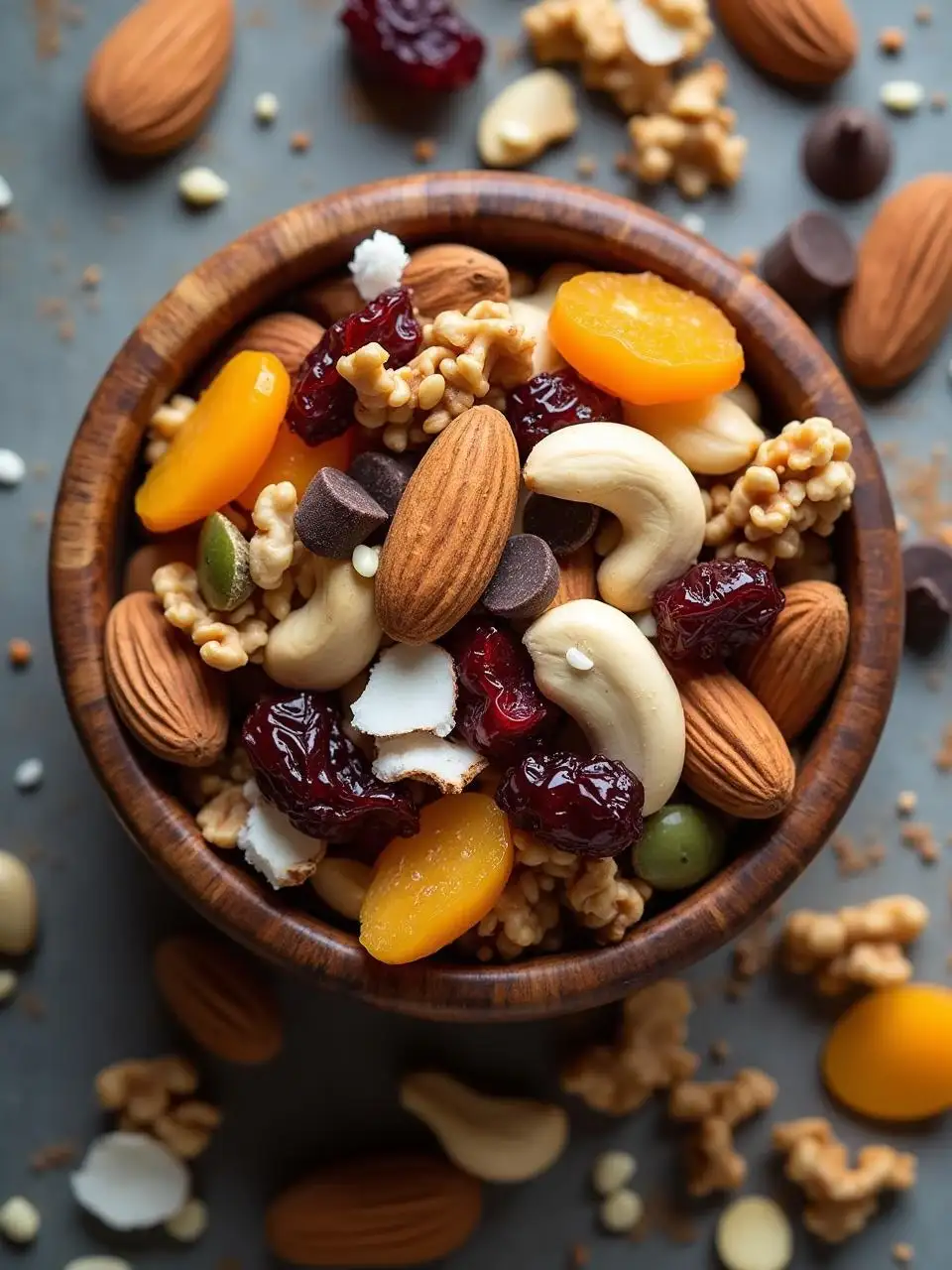 Assorted trail mix with almonds, walnuts, cashews, pumpkin seeds, sunflower seeds, dried fruits, dark chocolate chips, and coconut flakes, displayed in a wooden bowl on a rustic surface.