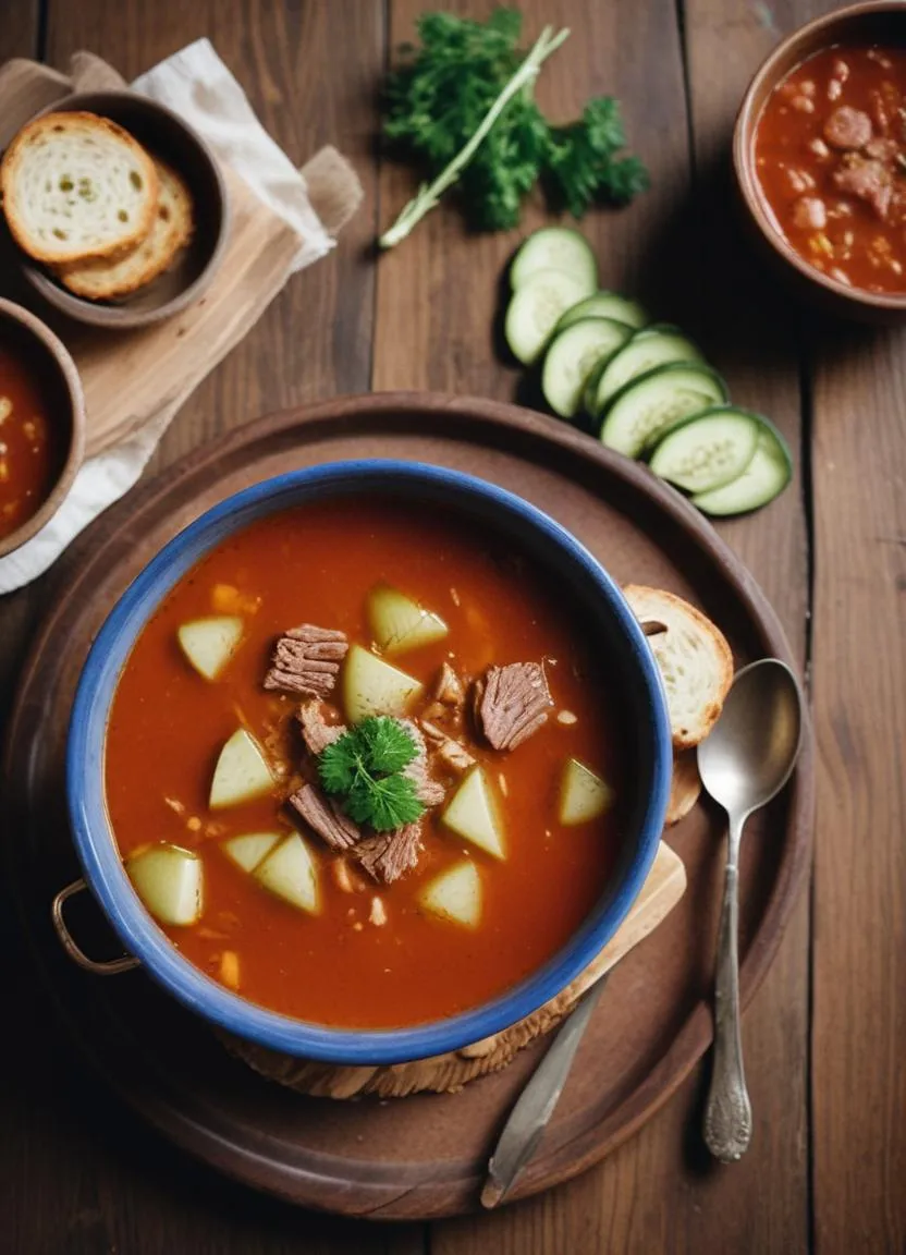 A rustic bowl of seljanka soup with chunks of meat, tangy pickled cucumbers, and fresh herbs, served with rye bread and sour cream on the side.