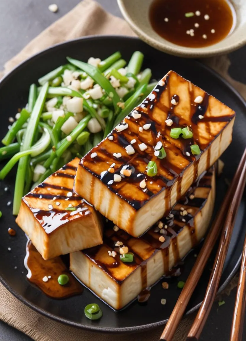 Plant-based grilled tofu served with miso glaze and fresh herbs, showcasing Japanese cuisine.