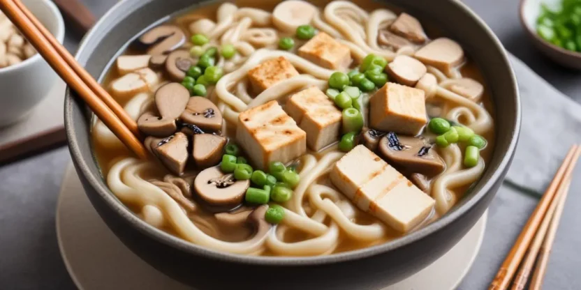 A bowl of thick, chewy udon noodles stir-fried with julienned carrots and green onions, glossy from a savory soy-based sauce, with wooden chopsticks resting on the bowl's rim.