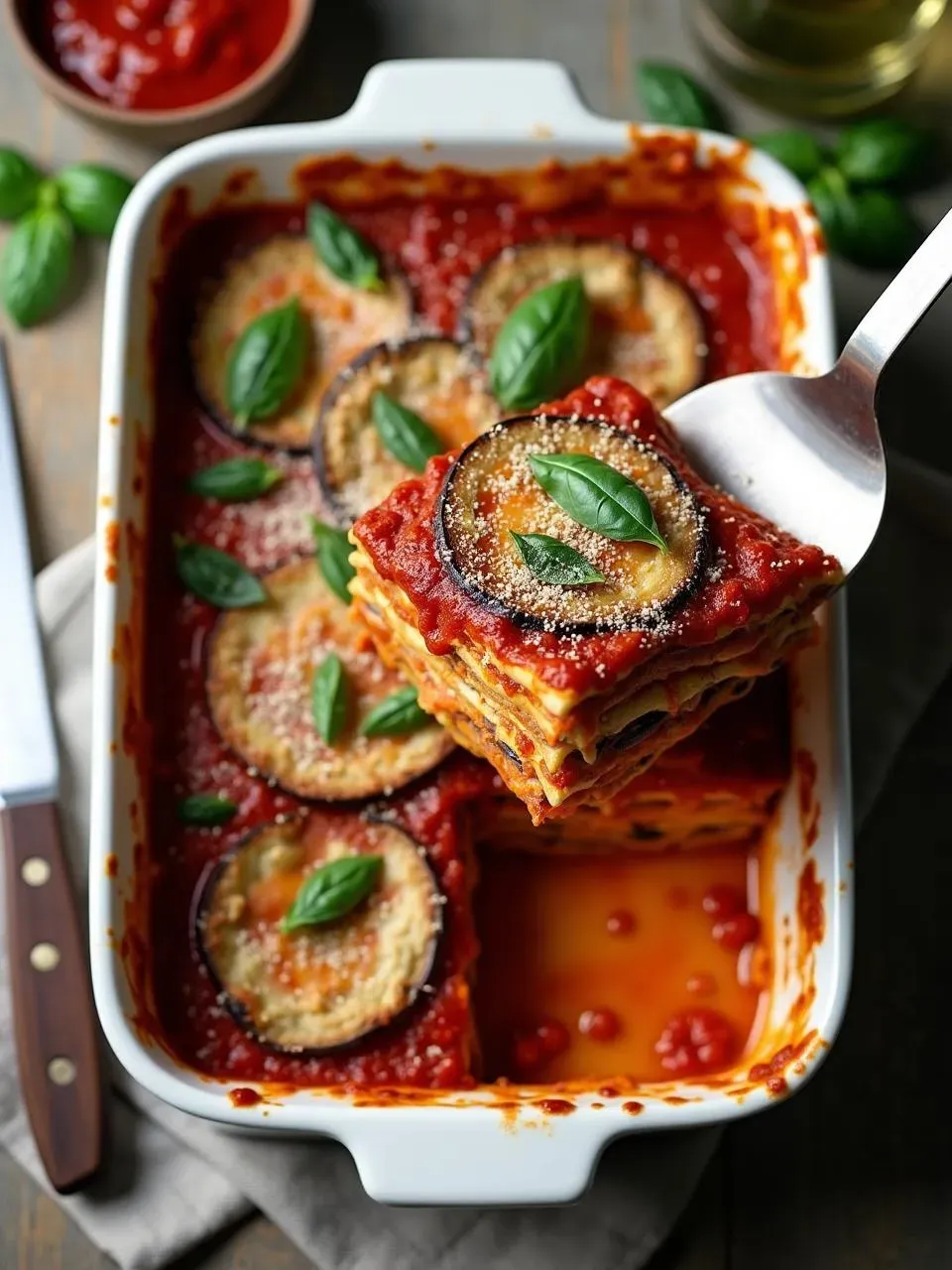 Vegan eggplant lasagna with layered vegetables and tomato sauce, baked until golden.