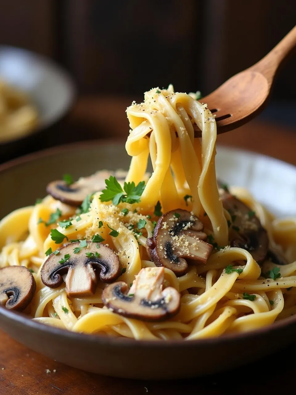 Creamy vegan mushroom stroganoff with fettuccine, sautéed mushrooms, cashew sauce, and fresh parsley in a rustic bowl.