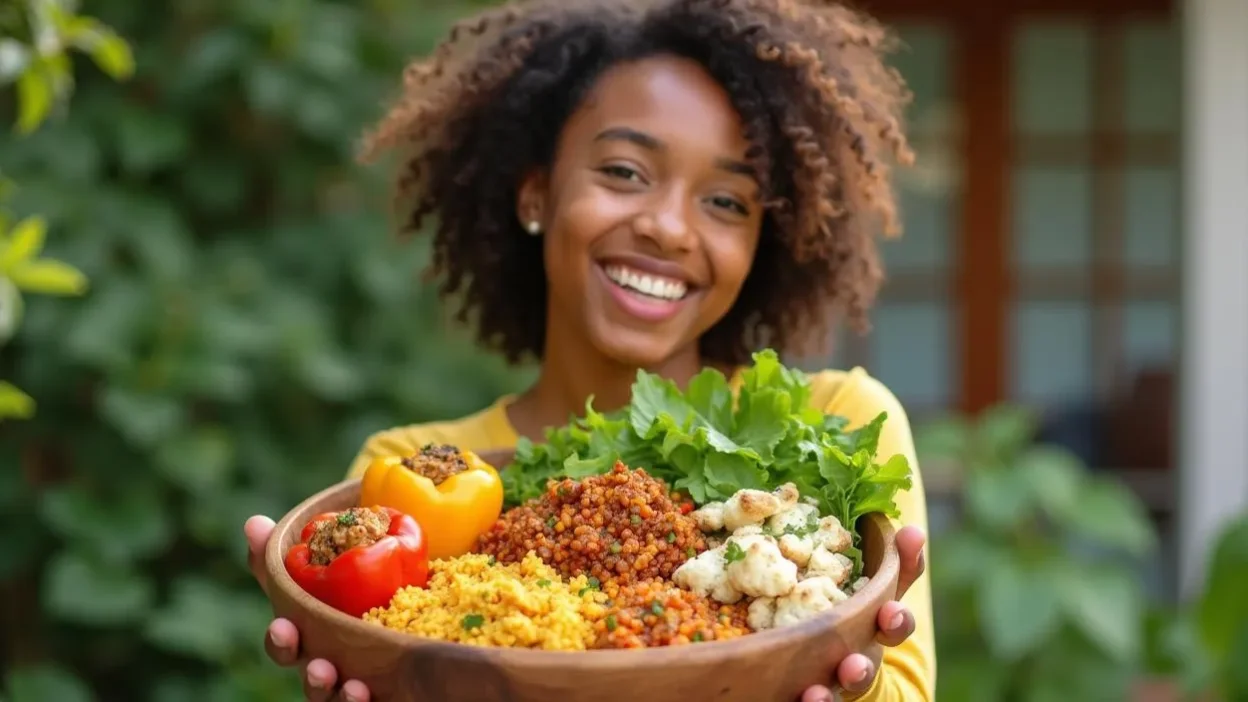 Smiling person holding a large bowl of colorful vegan dishes including stuffed peppers, tacos, lentil bolognese, and greens, in an outdoor garden setting.