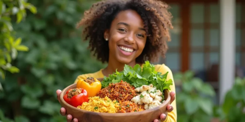 Smiling person holding a large bowl of colorful vegan dishes including stuffed peppers, tacos, lentil bolognese, and greens, in an outdoor garden setting.