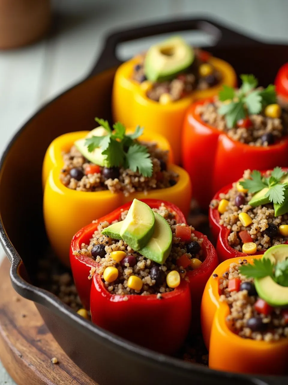 Colorful vegan stuffed bell peppers filled with quinoa, black beans, corn, and tomatoes, garnished with avocado and cilantro, served in a rustic baking dish.