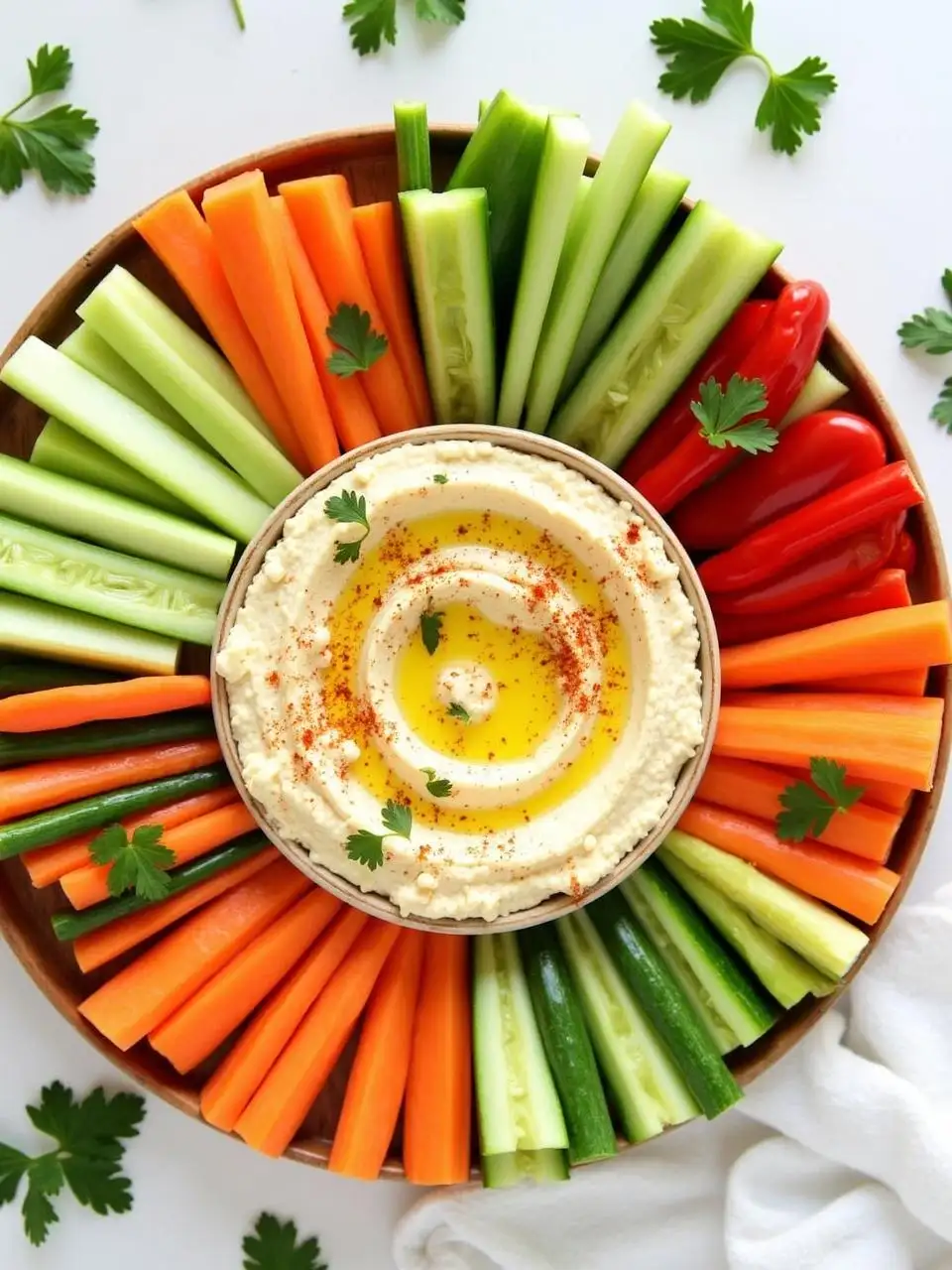 Colorful veggie sticks with hummus dip on a plate — a fresh and healthy snack option.