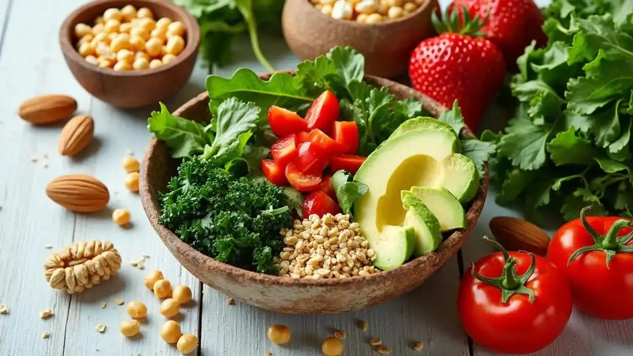 A vibrant assortment of fresh salads with leafy greens, strawberries, avocado, chickpeas, quinoa, nuts, and seeds, arranged in rustic bowls on a wooden table, showcasing a colorful and nutritious meal spread.