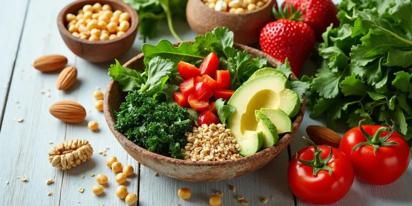 A vibrant assortment of fresh salads with leafy greens, strawberries, avocado, chickpeas, quinoa, nuts, and seeds, arranged in rustic bowls on a wooden table, showcasing a colorful and nutritious meal spread.