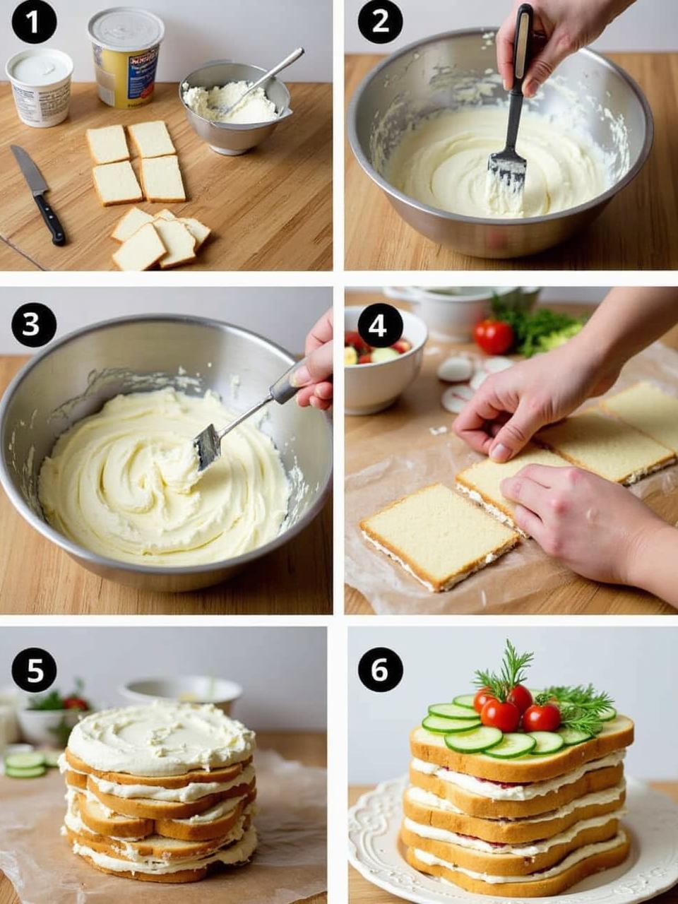 Step-by-step process of preparing a Finnish sandwich cake (Voileipäkakku), from ingredients to decoration.