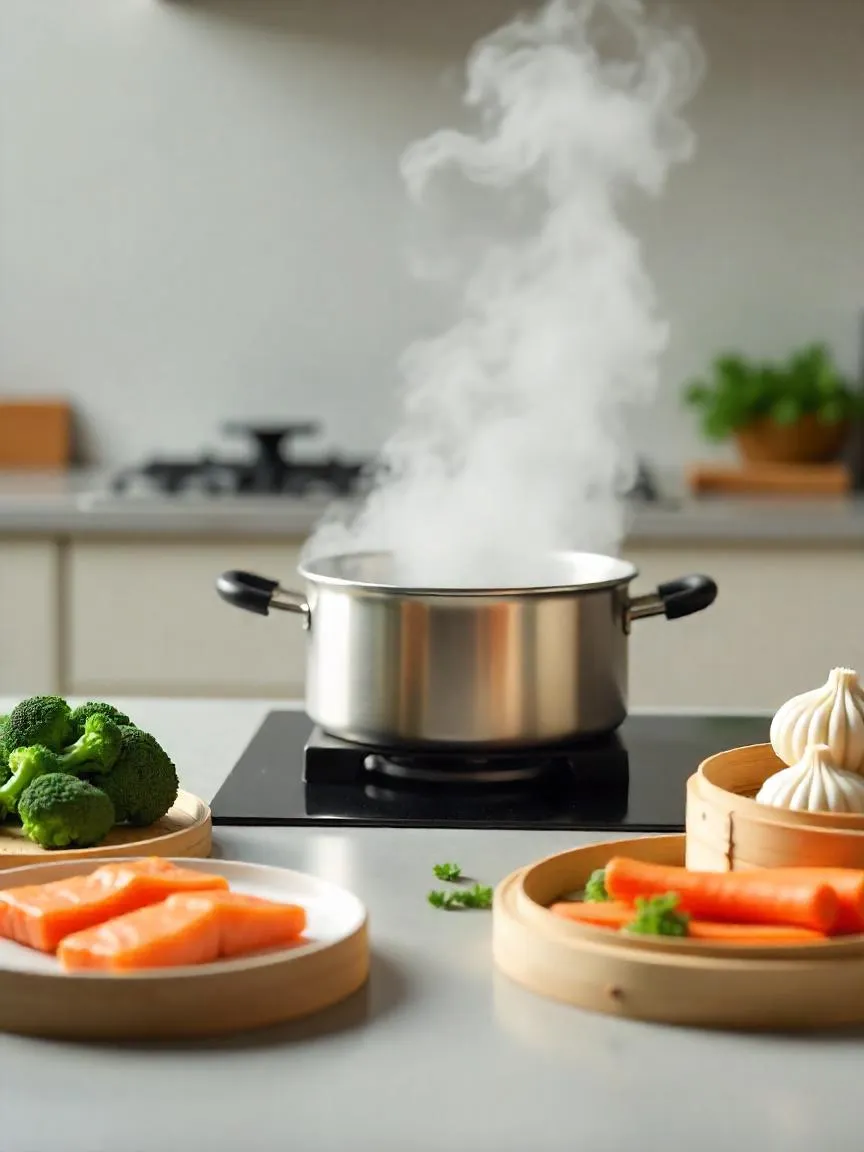 A steaming pot with fresh vegetables, salmon, and dumplings ready for steam cooking on a kitchen counter. 