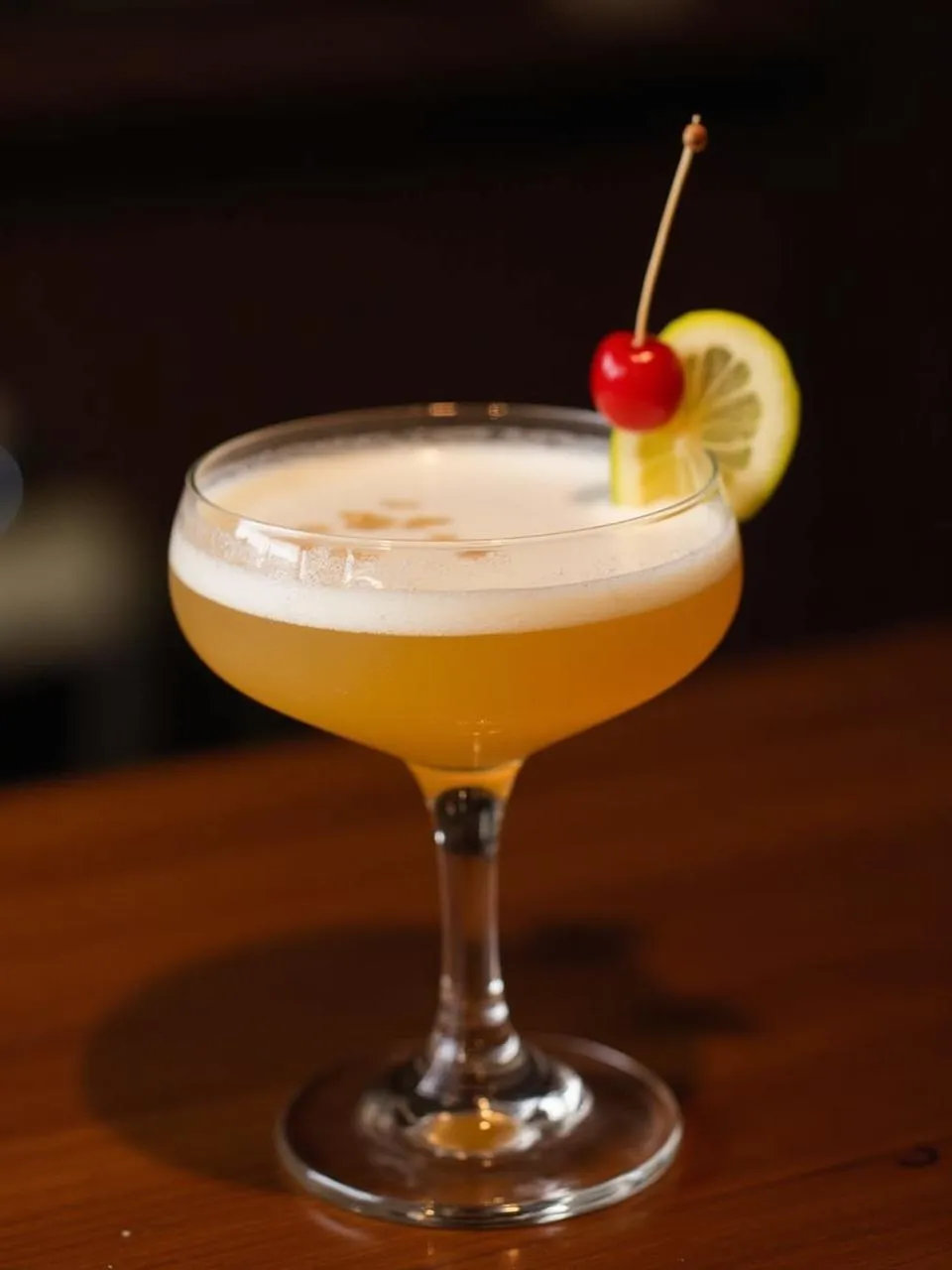 Classic Whiskey Sour cocktail with bourbon, lemon juice, and ice, garnished with a citrus slice.