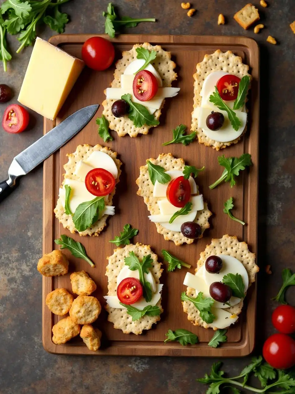 Whole grain crackers topped with slices of cheese, cherry tomatoes, olives, and arugula, arranged on a wooden surface with a cheese block and scattered crackers for a healthy snack presentation.