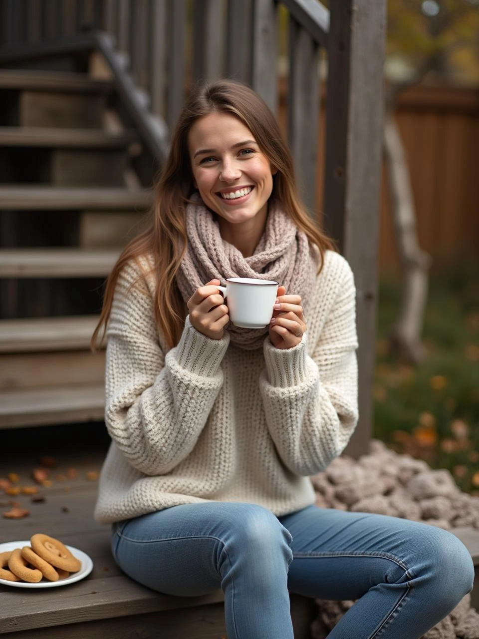 A beautiful young woman sitting in a cozy backyard, enjoying Finnish S Cookies (Ässät) with a cup of tea, surrounded by a warm, relaxed atmosphere.