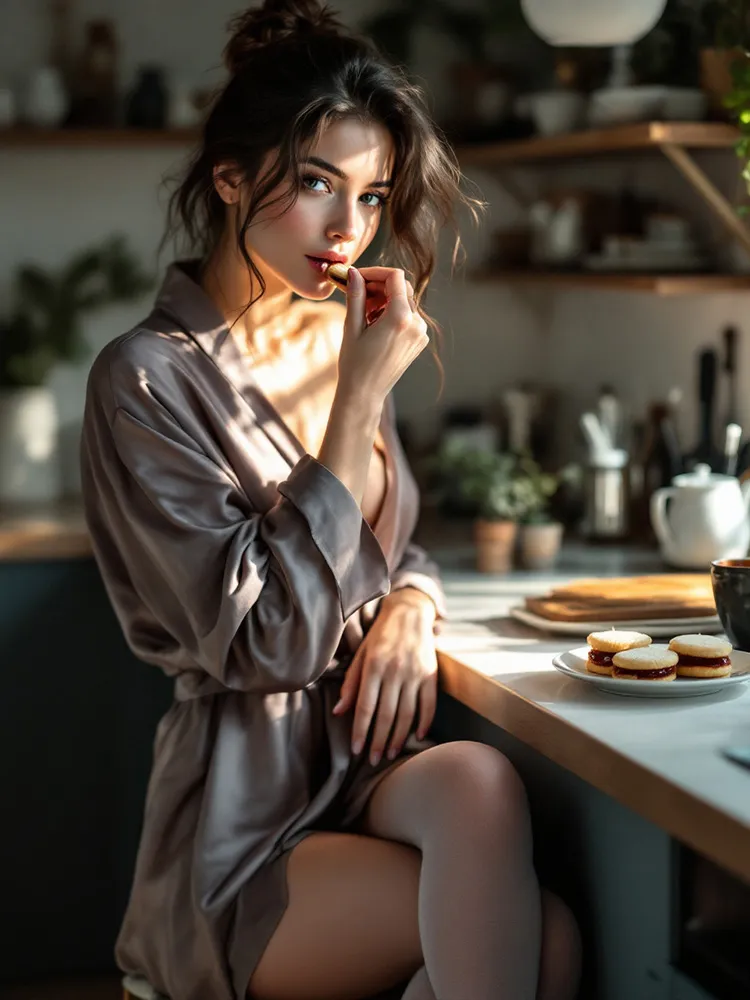 Woman in a short robe and stockings enjoying Finnish Spoon Cookies in a cozy kitchen.
