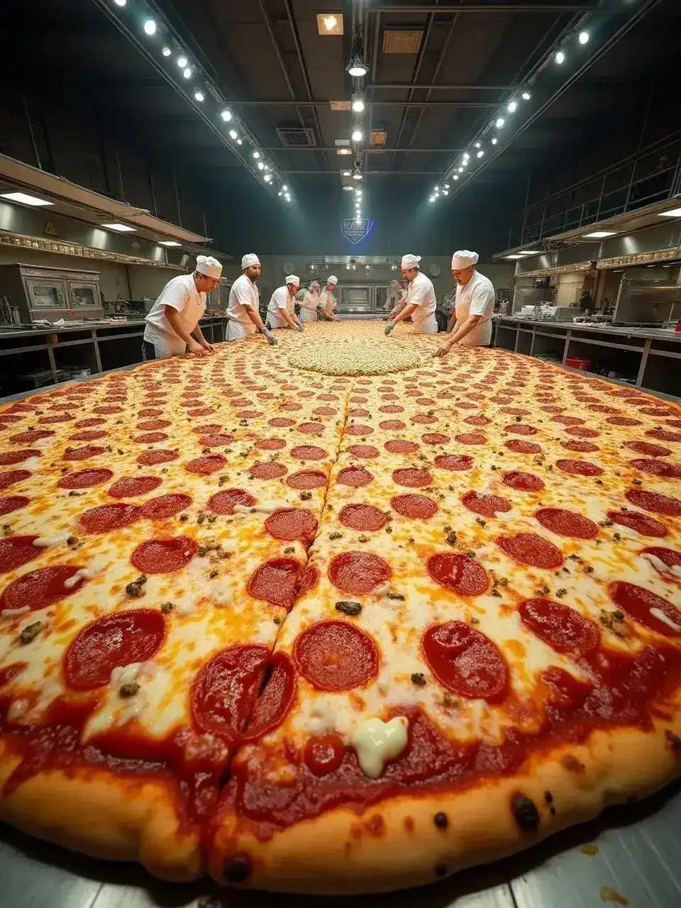 A large rectangular pizza topped with an assortment of colorful vegetables and melted cheese, labeled “World’s Largest Gluten‑Free Pizza Record.” The image appears to present an overhead view of the massive pie.