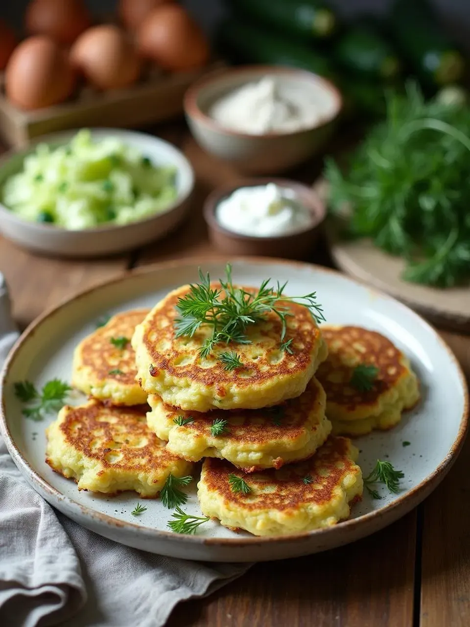Crispy zucchini fritters stacked on a rustic plate, served with a dollop of sour cream and garnished with fresh herbs, with raw ingredients in the background.