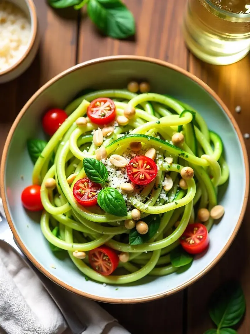 A bowl of zucchini noodles with basil pesto, cherry tomatoes, pine nuts, and Parmesan, styled on a sunlit table with fresh, summery presentation.
