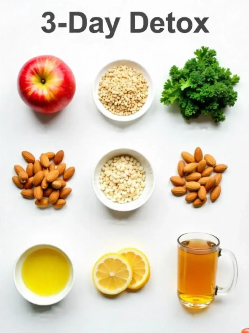 Core 3-day detox ingredients: fruits, greens, grains, plant proteins, healthy fats, and detox drinks arranged with labels.

