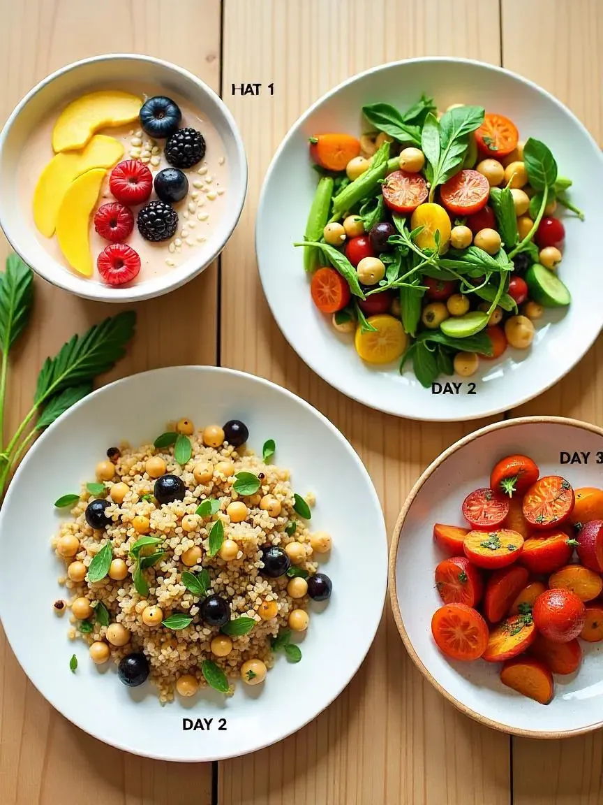 Three detox meals: smoothie bowl, quinoa salad, and roasted vegetables for days 1, 2, and 3.

