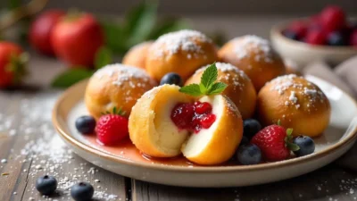 Golden, round Danish æbleskiver pancake balls dusted with powdered sugar, served with fresh berries and syrup on a white plate.