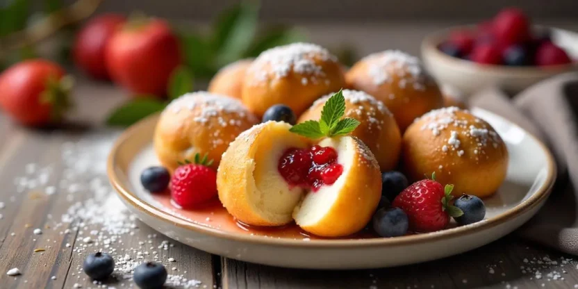Golden, round Danish æbleskiver pancake balls dusted with powdered sugar, served with fresh berries and syrup on a white plate.