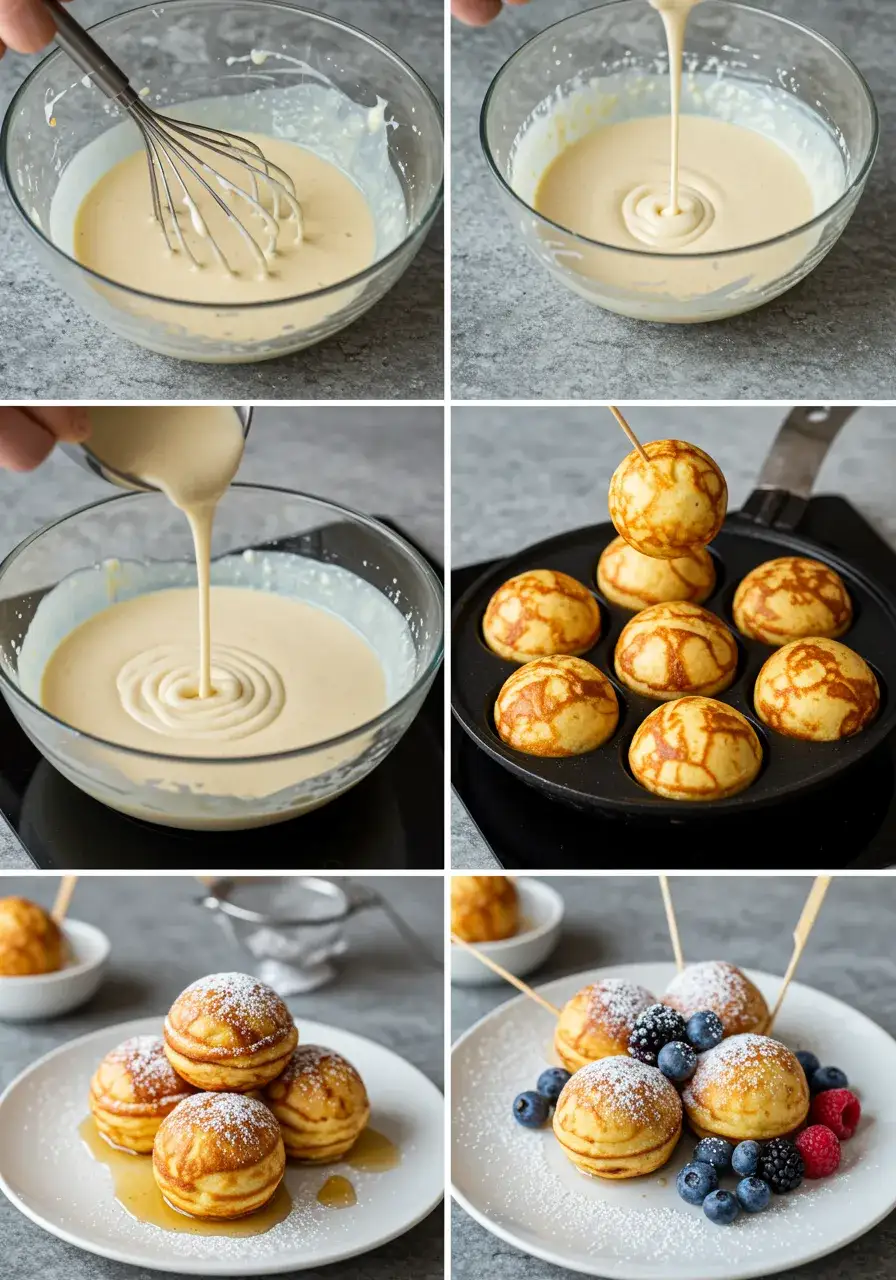 The images capture mixing the batter with fresh ingredients, pouring the batter into a special round pan, flipping the golden pancake balls with a skewer, and the final plated dish garnished with powdered sugar and fresh berries.