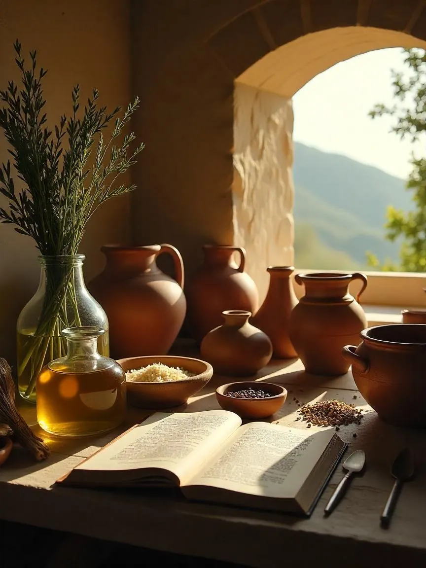 A rustic scene of a traditional Greek kitchen, showcasing ancient ingredients and tools that shaped the roots of Mediterranean cuisine. 