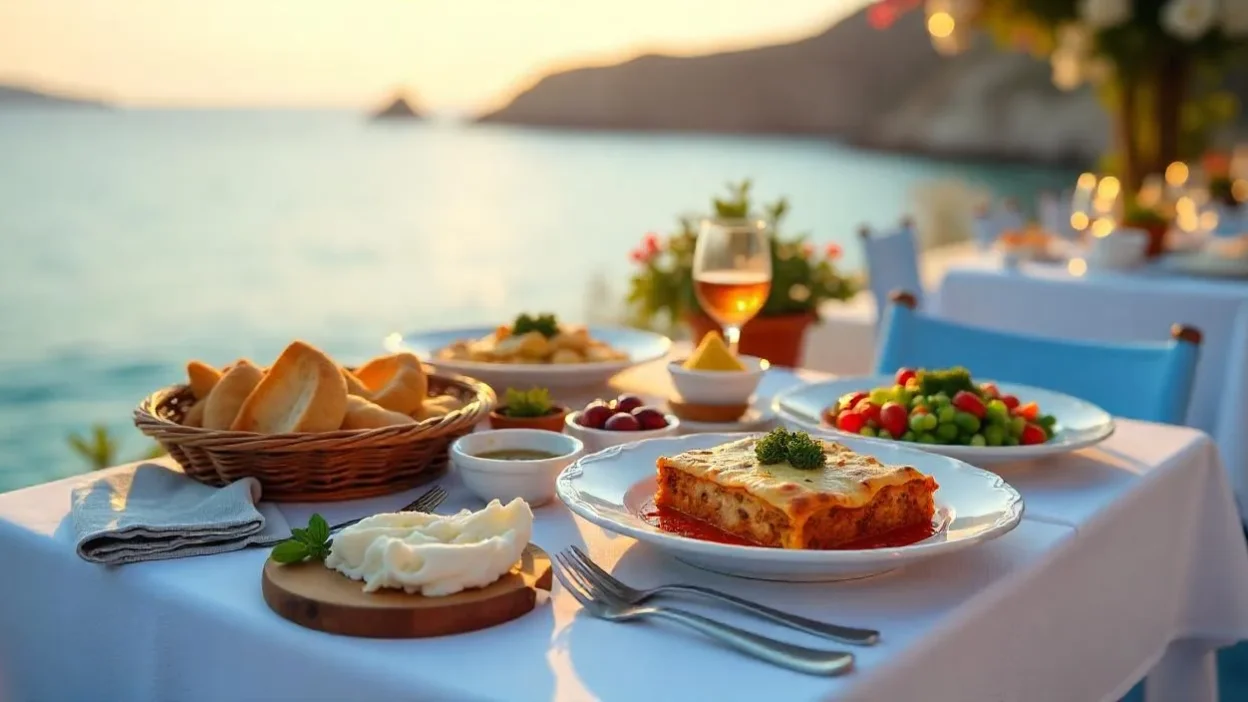 A scenic Greek table overlooking the sea, featuring classic dishes like souvlaki, moussaka, and Greek salad, evoking the warmth and charm of Mediterranean dining.