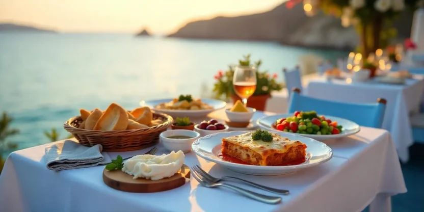 A scenic Greek table overlooking the sea, featuring classic dishes like souvlaki, moussaka, and Greek salad, evoking the warmth and charm of Mediterranean dining.
