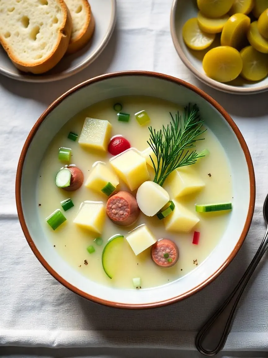 A bowl of beautifully served okroshka, a traditional cold soup, garnished with herbs and accompanied by slices of rye bread and pickles on a wooden table.