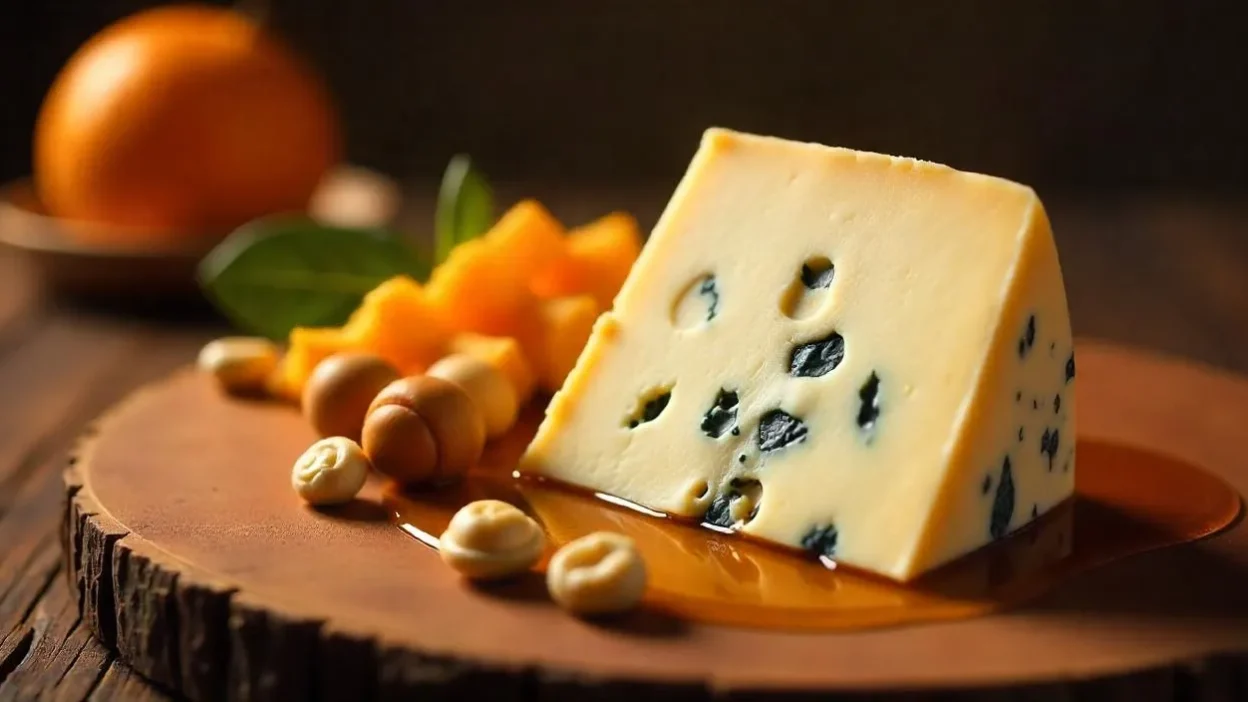 A wedge of creamy blå castello blue cheese on a wooden board with honey and mixed nuts.