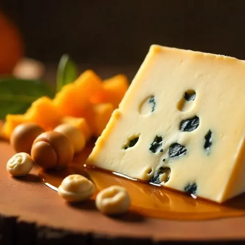 A wedge of creamy blå castello blue cheese on a wooden board with honey and mixed nuts.