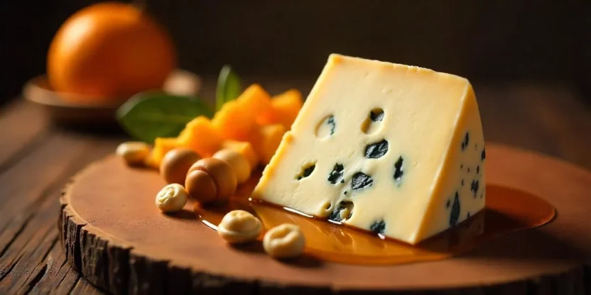 A wedge of creamy blå castello blue cheese on a wooden board with honey and mixed nuts.