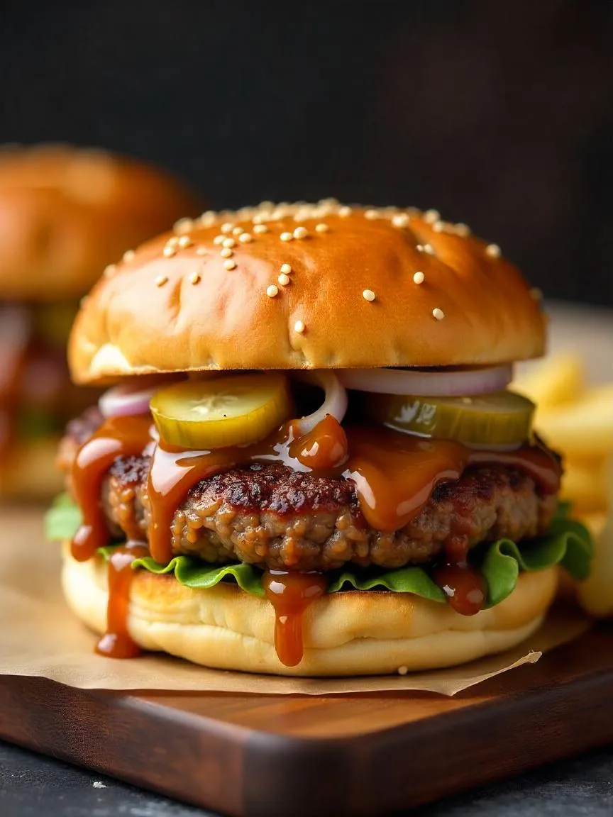 Close-up of a traditional Danish Bøfsandwich drenched in rich brown gravy, with a thick beef patty and fresh toppings.