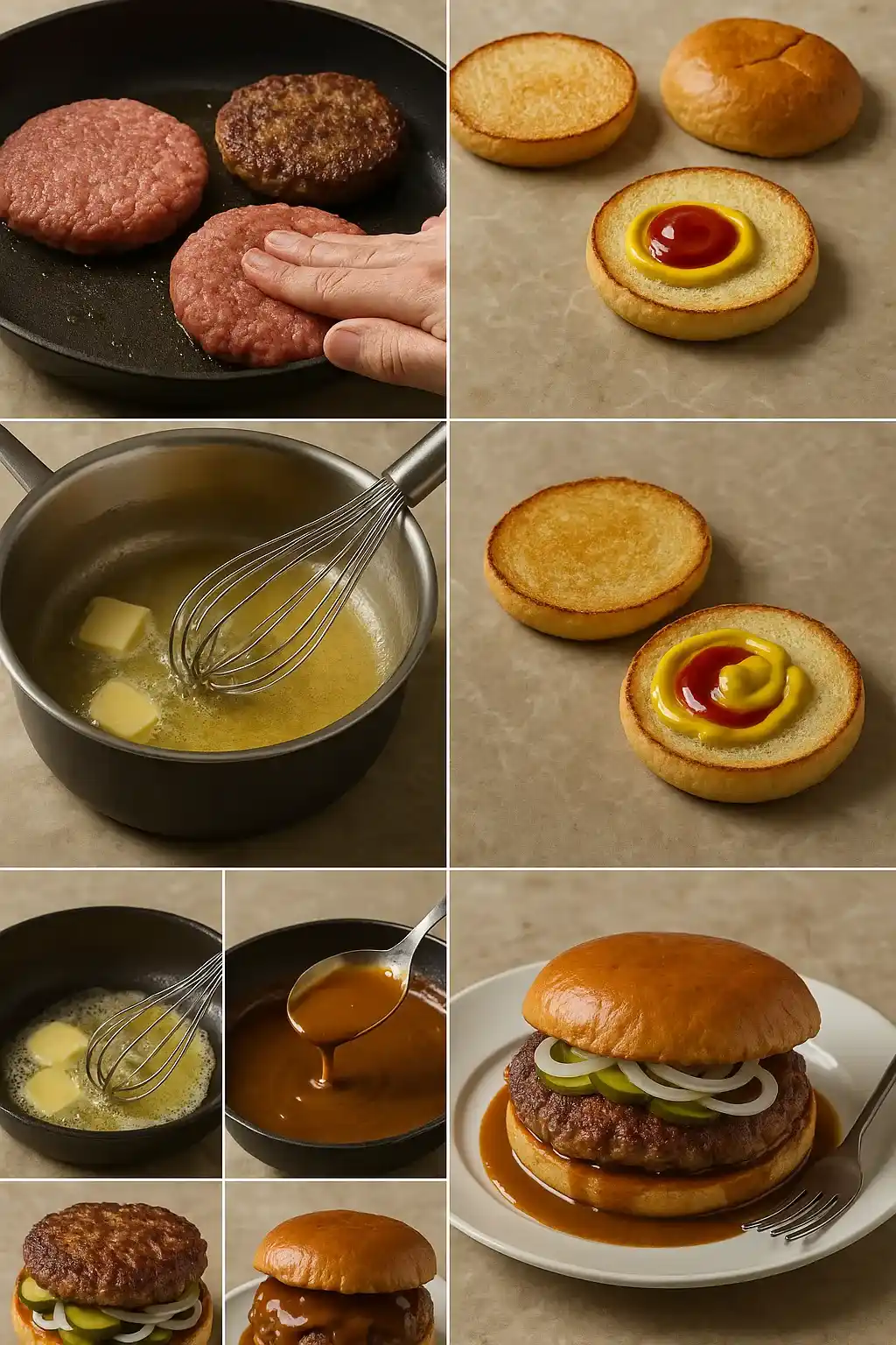 Step-by-step recipe for Danish Bøfsandwich showing juicy beef patties, toasted buns, pickles, onions, and rich brown gravy preparation.