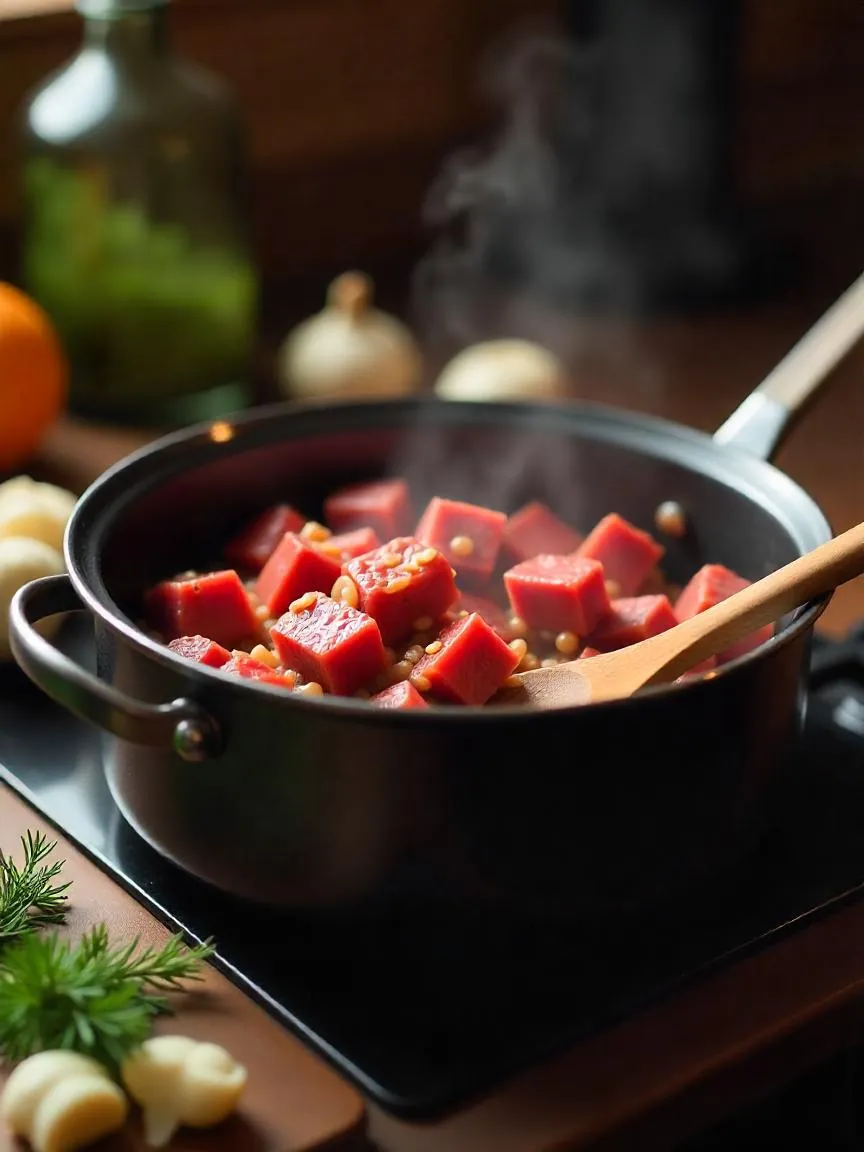 Golden-seared beef and sautéed onions cooking in a pot, with herbs and spices nearby—starting the flavor base for homemade borscht. 
