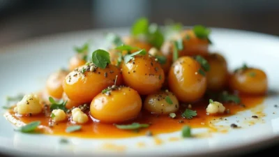Caramelized Danish potatoes glazed with buttery caramel sauce, served on a white plate with fresh herbs.