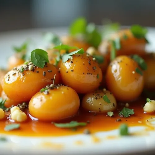 Caramelized Danish potatoes glazed with buttery caramel sauce, served on a white plate with fresh herbs.