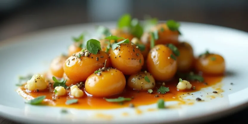 Caramelized Danish potatoes glazed with buttery caramel sauce, served on a white plate with fresh herbs.