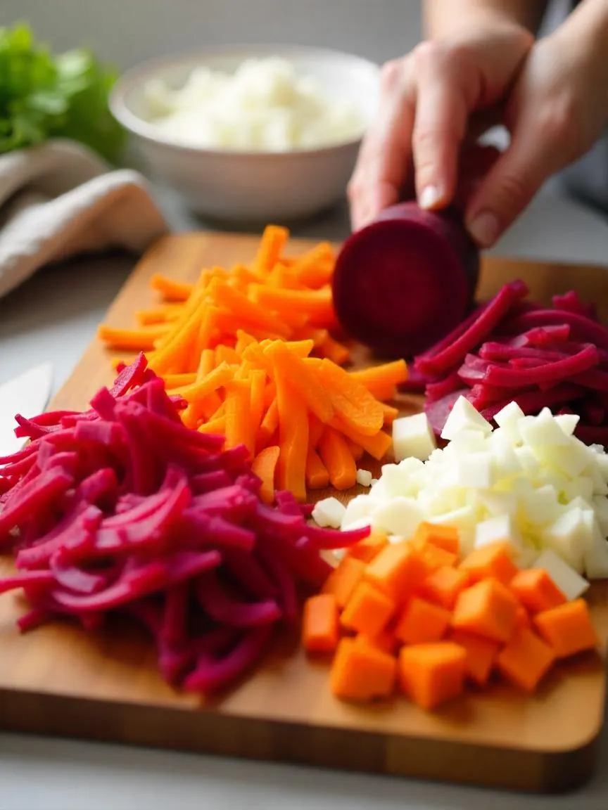 Sliced beets, carrots, potatoes, and shredded cabbage arranged on a wooden board, showing the vegetable preparation process for homemade borscht. 