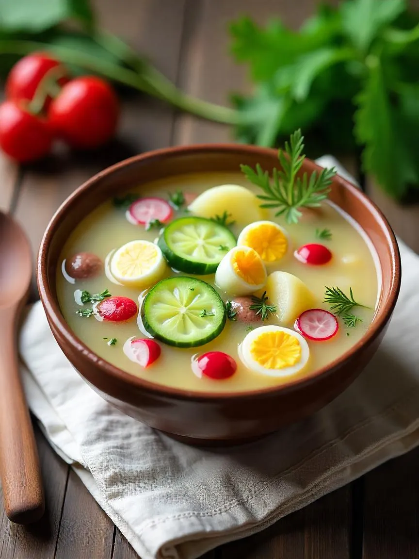 A traditional bowl of Russian okroshka soup, filled with fresh vegetables and herbs in a chilled broth, perfect for summer refreshment. 